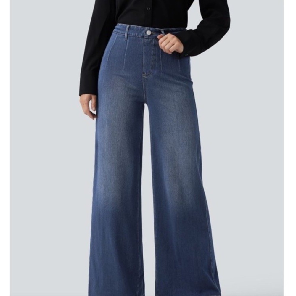 Halara Flex High Waisted Tummy Control Wide Leg Casual Blue Jeans Size Petite L - Picture 7 of 16